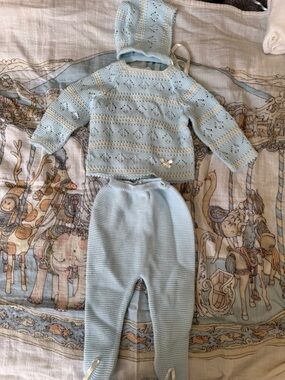 Hand-Knit Baby Blue Sweater Set with Hat